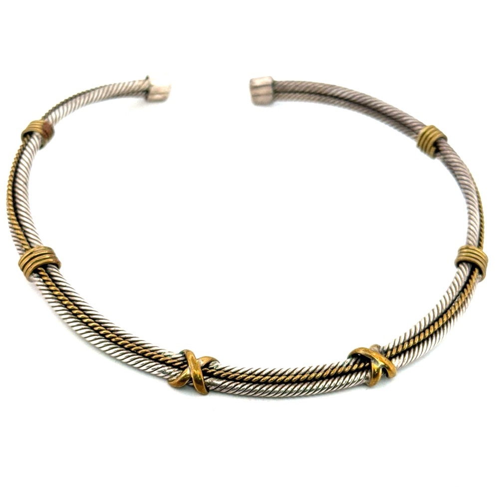 Two tone 925 Sterling silver and brass x detail open collar necklace 63.9G